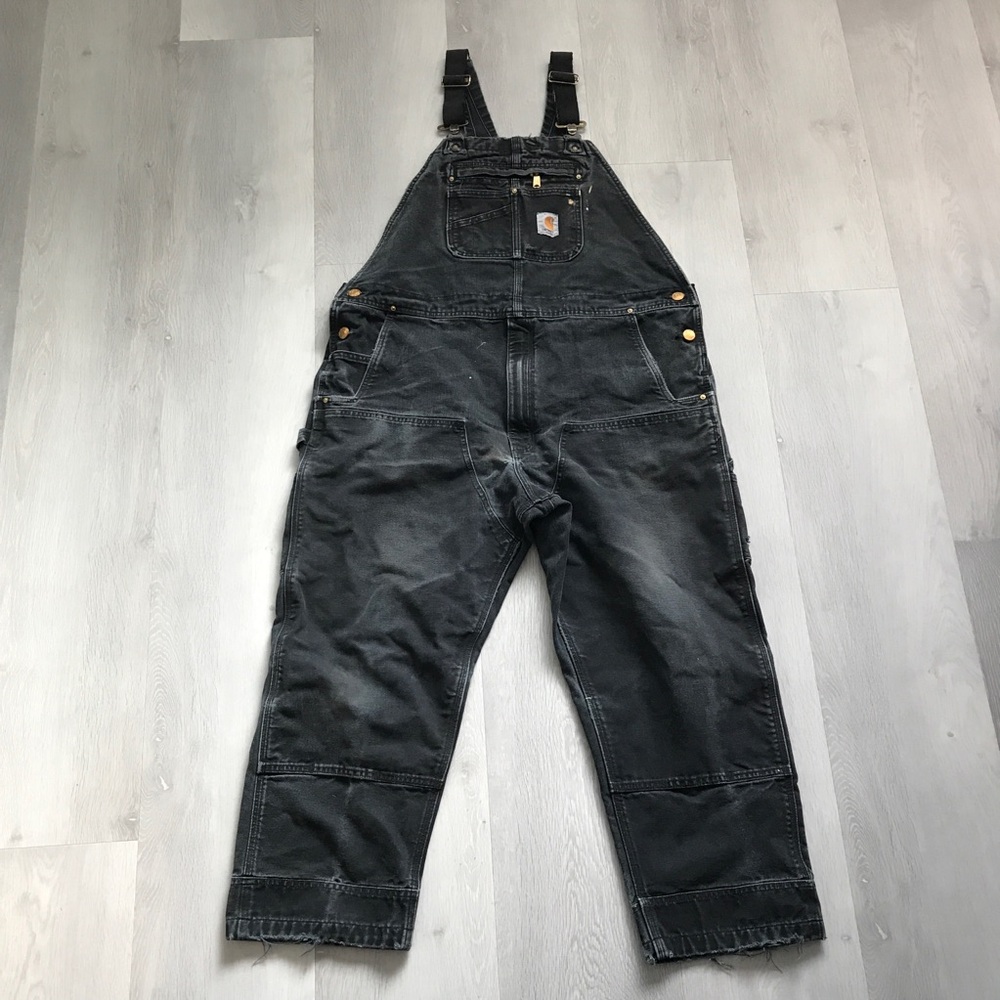 CARHARTT OVERALLS BLACK DUCK BIB DOUBLE KNEE DISTRESSED BLEACHED MENS 40